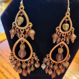 Gold chandelier earrings with green and pink beads
